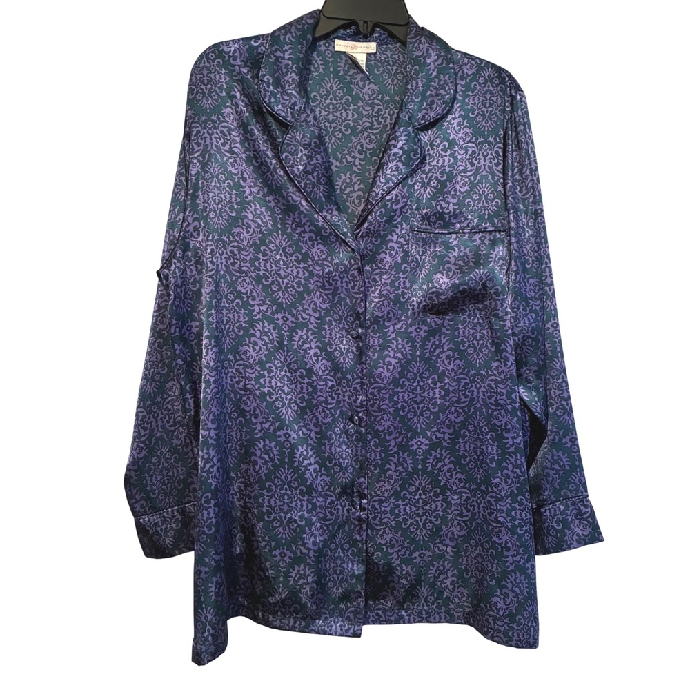 Private Luxuries Satin Pajamas Set Women's L Purple Green Damask Print   Regency
